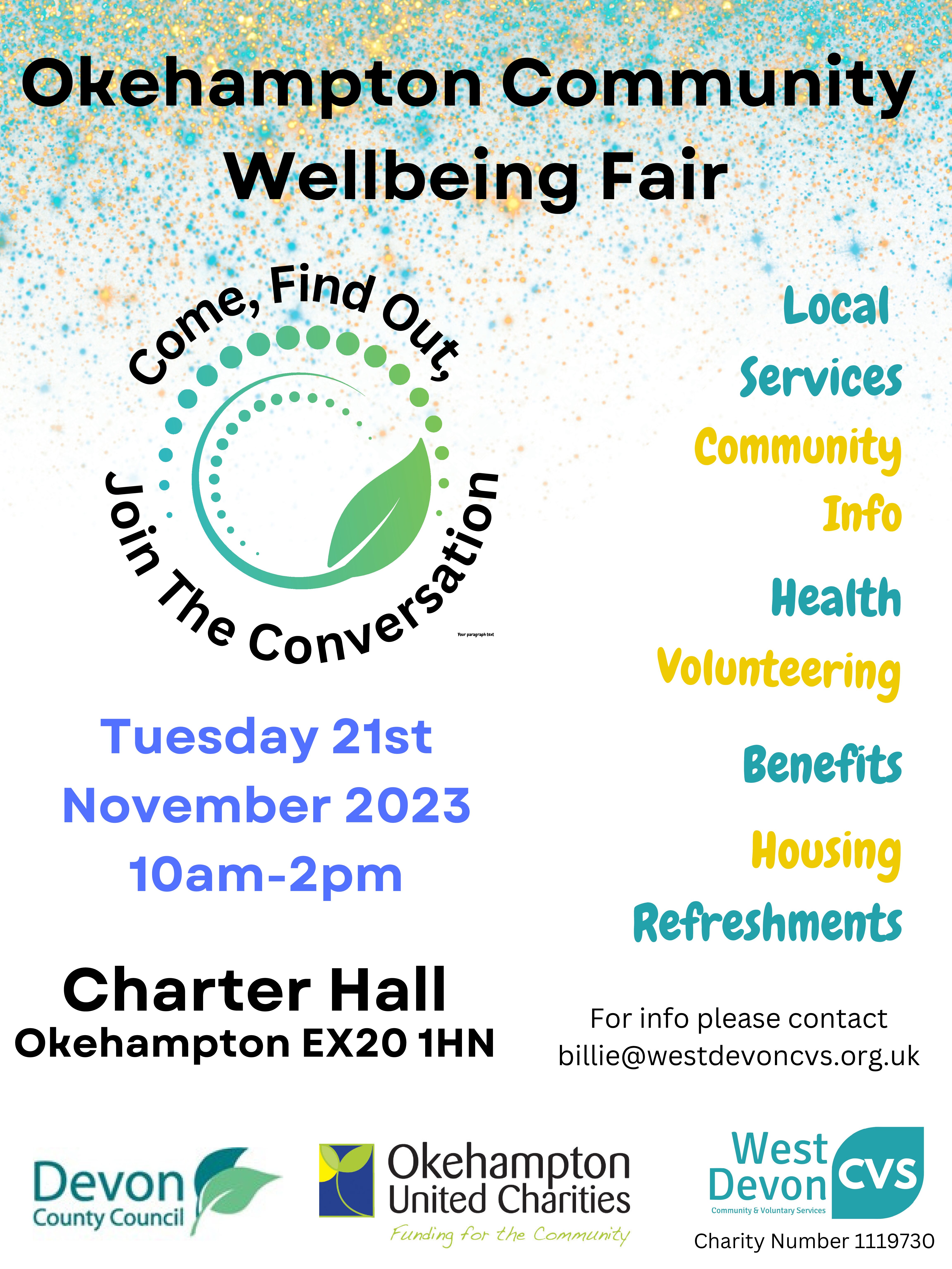 Okehampton Community Wellbeing Fair 10 am – 2 pm Tuesday 21 November 2023